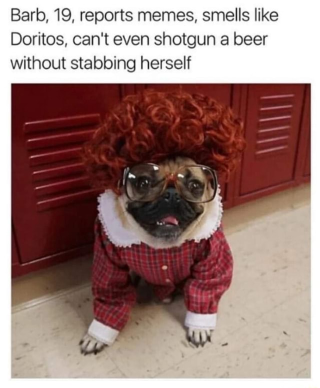 Barb, 19, reports memes, smells like Doritos, can't even shotgun a beer
