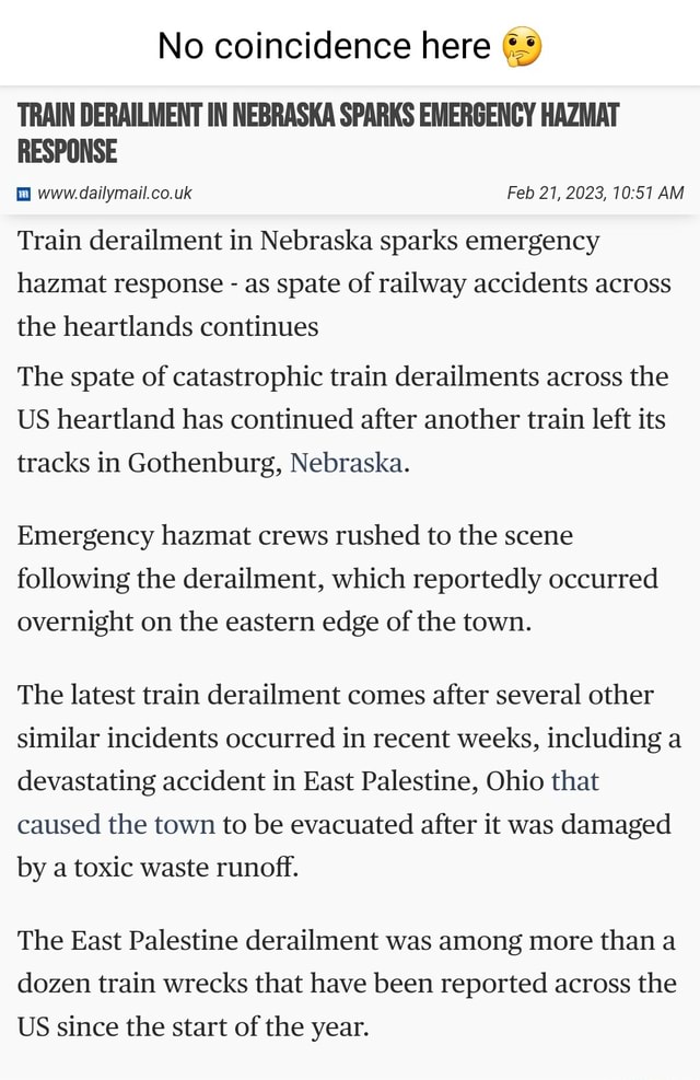 No coincidence here TRAIN DERAILMENT IN NEBRASKA SPARKS EMERGENCY