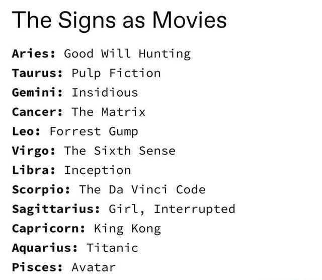 The zodiac signs as movies The Signs as Movies Aries Good Will