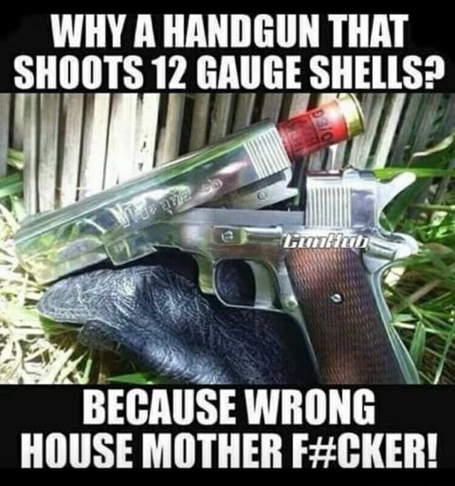 WHY A HANDGUN THAT I SHOOTS 12 GAUGE SHELLS? ed: BECAUSE WRONG HOUSE ...