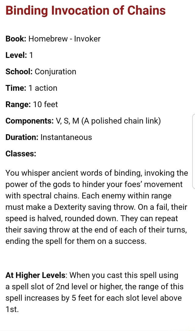 Binding Invocation of Chains Book Homebrew Invoker Level 1 School