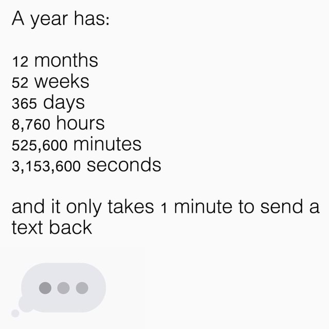 A Year Has 12 Months 52 Weeks 365 Days 8 760 Hours 525 600 Minutes 3 153 600 Seconds And It Only Takes 1 Minute To Send A Text Back