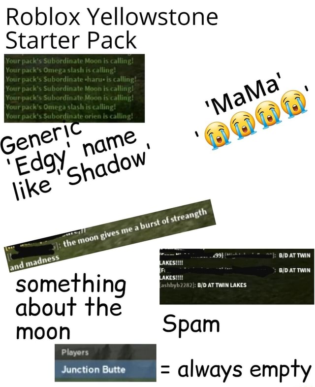 Roblox Yellowstone Starter Pack At Twin About The Moon Players Junction Butte Always Empty Spam - roblox edgy starter pack