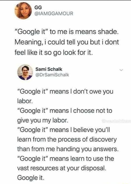 Google It To Me Is Means Shade Meaning I Could Tell You But I Dont Feel Like It So Go Look For It Sami Schatk Google It Means I Don T Owe You