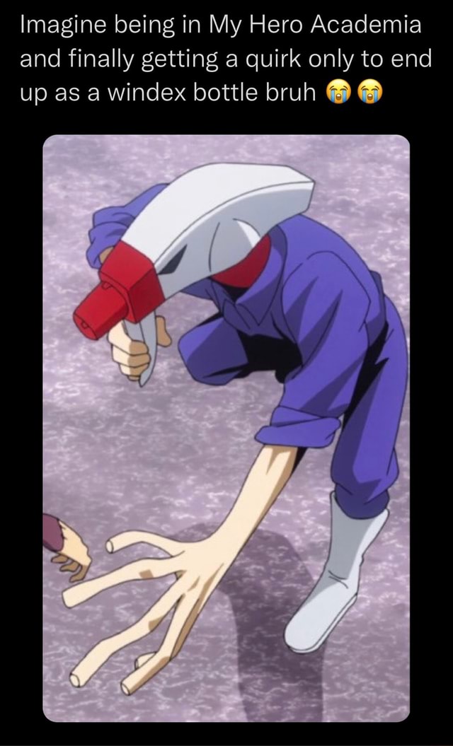 Imagine being in My Hero Academia and finally getting a quirk only to end up as a windex bottle
