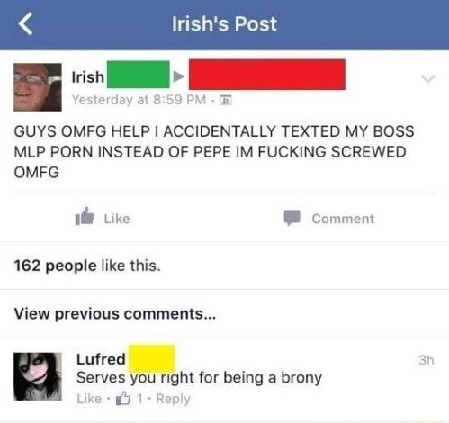 Irish's Post irish at GUYS OMFG HELP I ACCIDENTALLY TEXTED MY BOSS MLP PORN  INSTEAD OF PEPE IM FUCKING SCREWED OMFG Like comment 162 people like this.  View previous comments... Lufred Serves