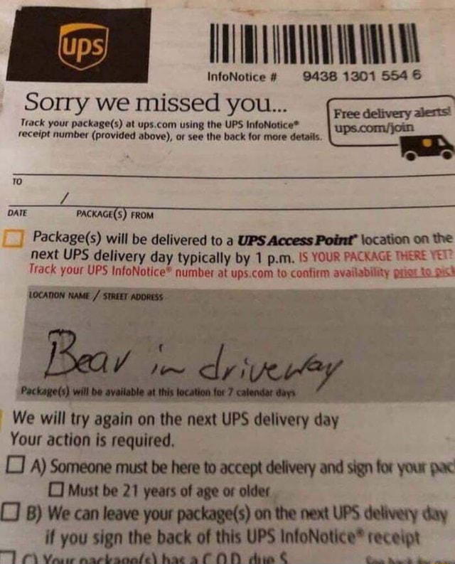 InfoNotice 9438 1301 554 6 Free delivery Sorry we missed you... Track