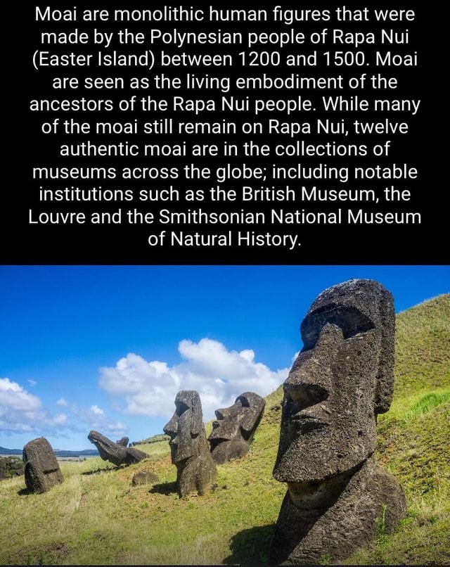 Moai are monolithic human figures that were made by the Polynesian people of Rapa Nui (Easter