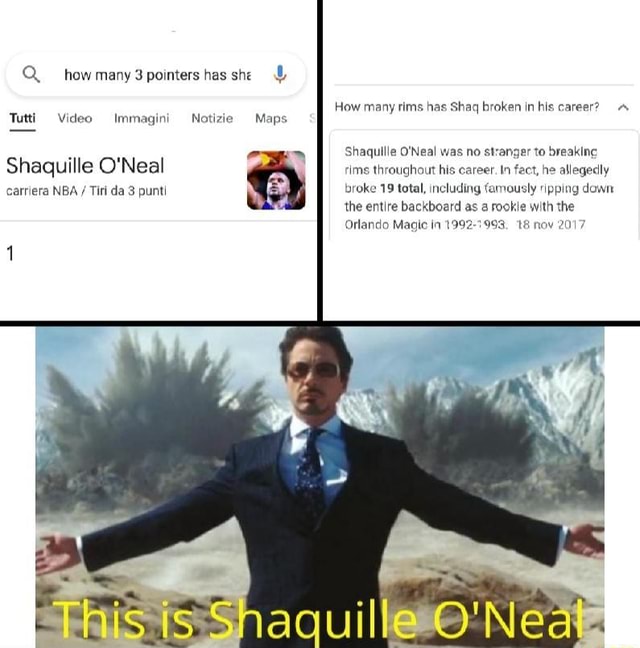 Q. how many 3 pointers has she How many rims has Shaq broken in his