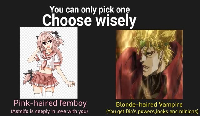 You can only pick one Choose wisely Pink-haired femboy Blonde-haired Vampire (Astolfo is deeply in love with you) (You get Dio's powers,looks and minions) You can only pick one Choose wisely Pink-haired femboy Blonde-haired Vampire (Astolfo is deeply in love with you) (You get Dio's powers,looks and minions)