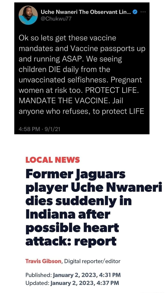 Former Jaguars player Uche Nwaneri dies suddenly in Indiana after