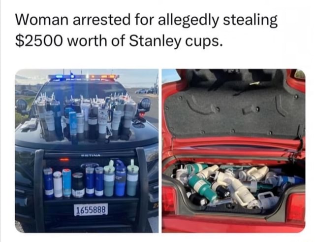 Woman arrested for allegedly stealing $2500 worth of Stanley cups. - iFunny