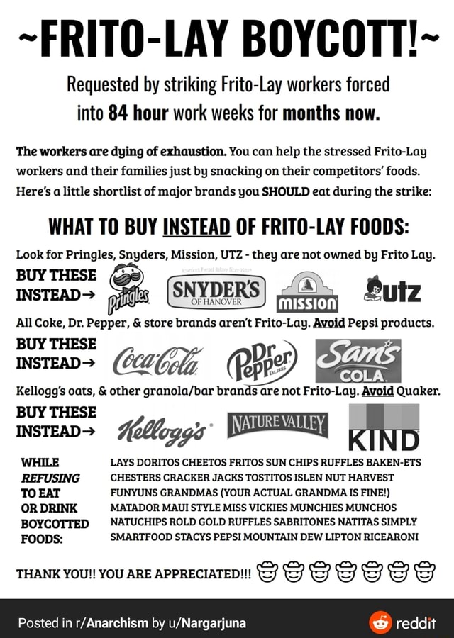 FRITOLAY BOYCOTT! Requested by striking FritoLay workers forced