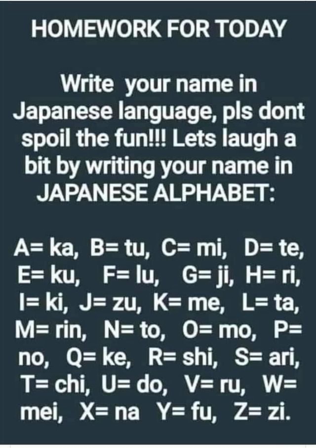 Homework For Today Write Your Name In Japanese Language Pls Dont Spoil The Fun Lets Laugh A Bit By Writing Your Name In Japanese Alphabet A Ka B Tu C Mi D