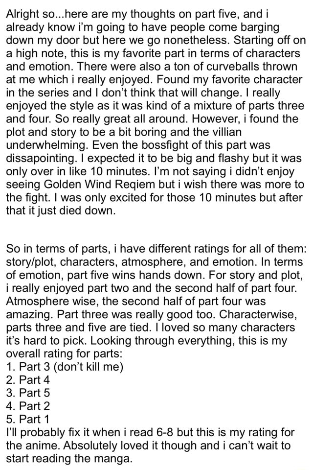 Alright so...here are my thoughts on part five, and i ...