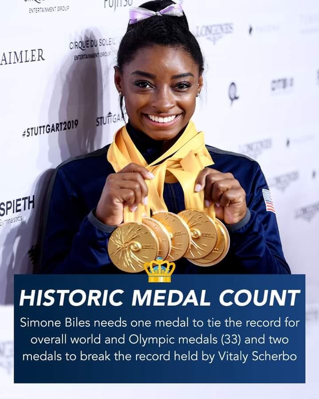 HISTORIC MEDAL COUNT Simone Biles needs one medal to tie the record for