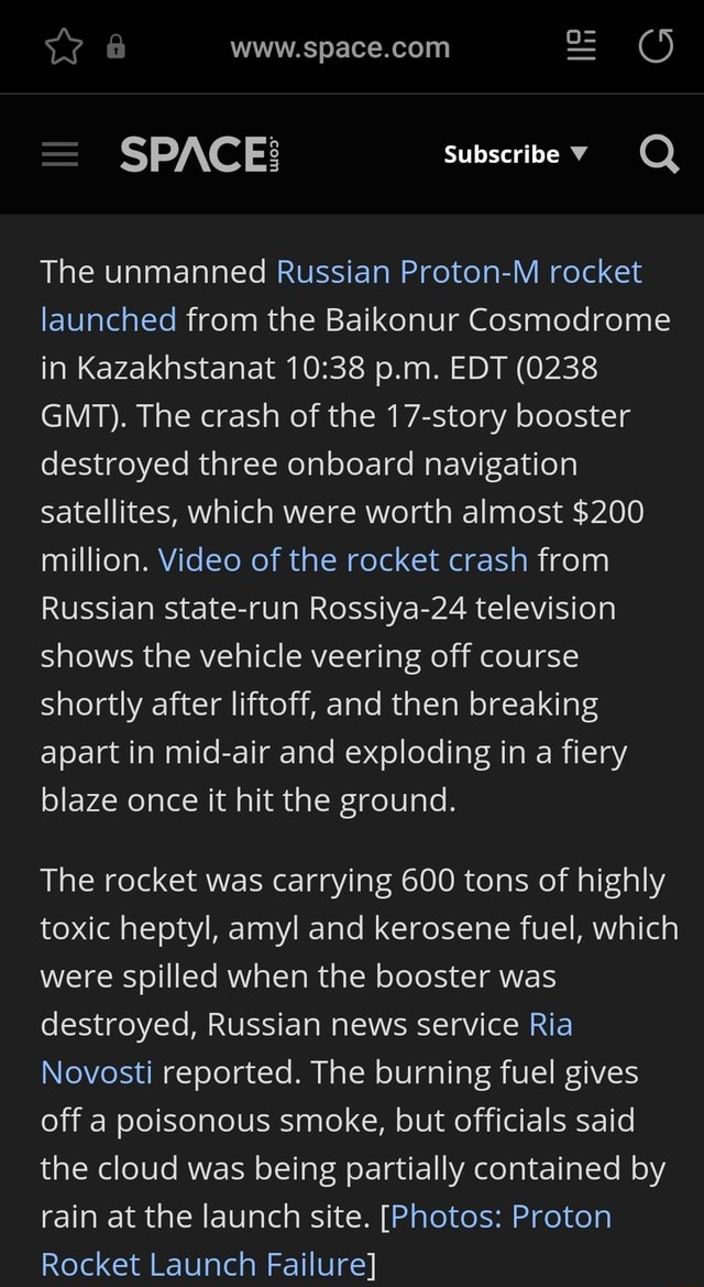 SPACES Subscribe The unmanned Russian Proton-M rocket launched from the ...