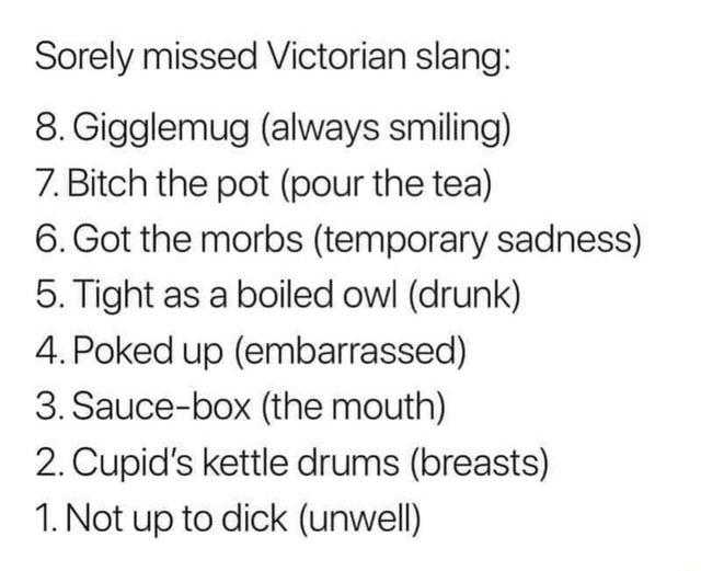 Sorely missed Victorian slang 8. Gigglemug (always smiling) 7. Bitch