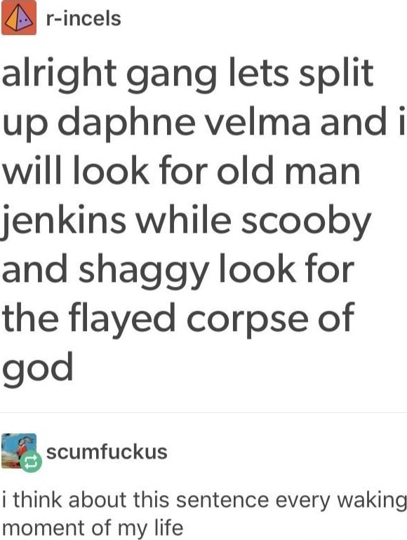 R-incels alright gang lets split up daphne velma and i will look for ...
