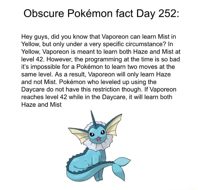 Obscure Pokmon fact Day 252: Hey guys, did you know that Vaporeon can ...