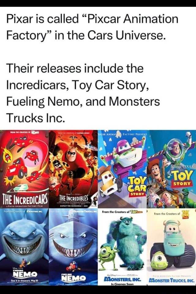 Pixar Is Called Pixcar Animation Factory In The Cars Universe Their Releases Include The