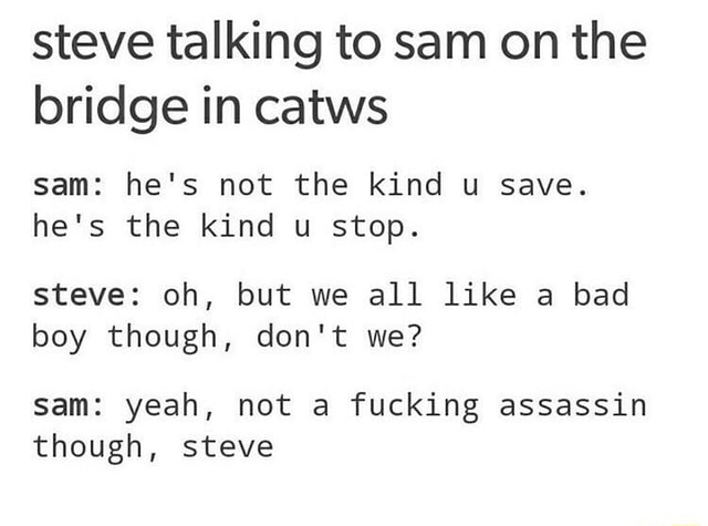 Steve Talking To Sam On The Bridge In Catws Sam He S Not The Kind U Save He S The Kind U Stop Steve Oh But We All Like A Bad Boy Though Don T We Sam Yeah Not A Fucking Assassin Though Steve