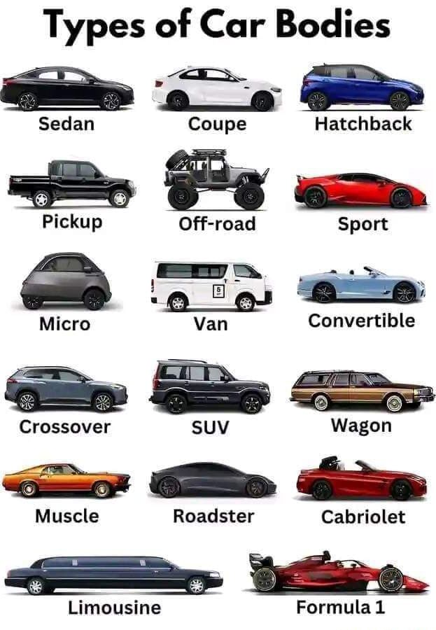 Types of Car Bodies Sedan Coupe Hatchback Pickup Off-road Sport Micro ...