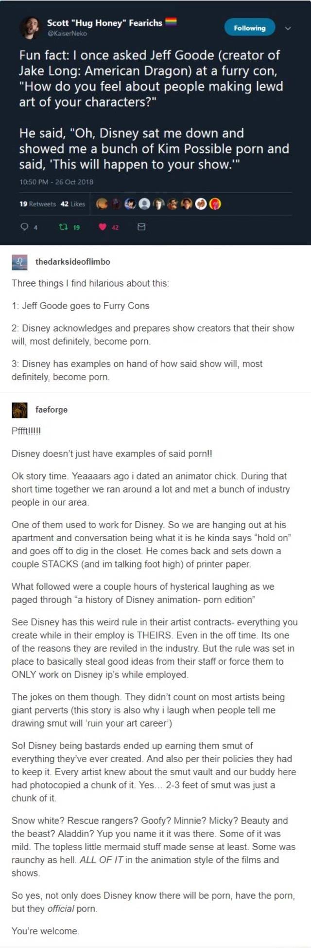 Scott Hug Honey Fearichs Following Fun fact: I once asked Jeff Goode  (creator of Jake Long: American Dragon) at a furry con, How do you feel  about people making lewd art of