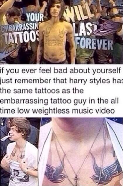 If You Ever Feel Bad About Yourself Iust Remember That Harry Styles Ha Lhe Same Tattoos As The Embarrassing Tattoo Guy In He All Time Low Weightless Music Video