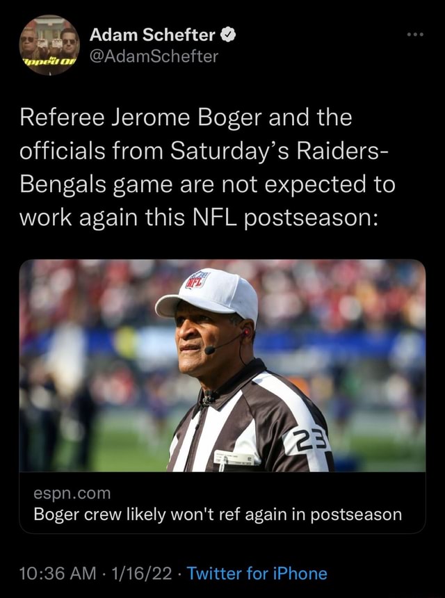 Jerome Boger, officials from Raiders-Bengals game not expected to