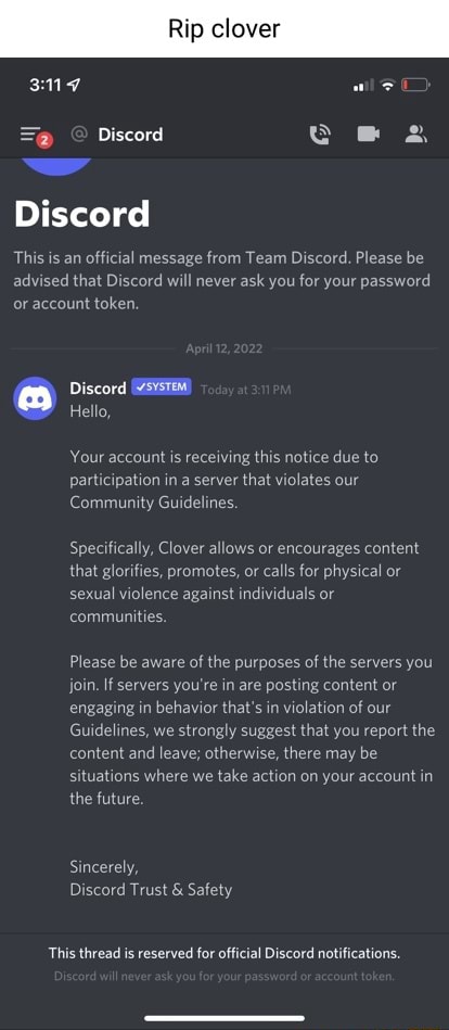 Rip clover at Discord Discord This is an official message from Team ...