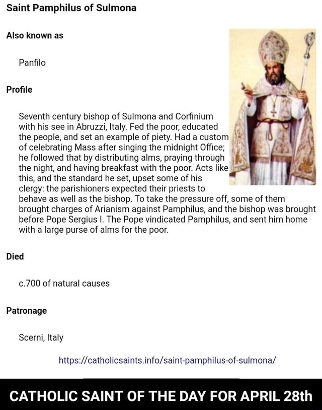 Saint Pamphilus Of Sulmona Also Known As Fer / Panfilo Profile Seventh ...