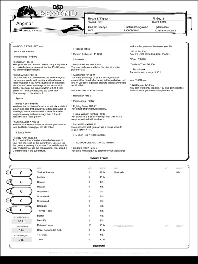 Angmar CHARACTER NAME ROGUE FEATURES * Hit Points PHB 95 * Proficiencies * PHB 95 * Expertise
