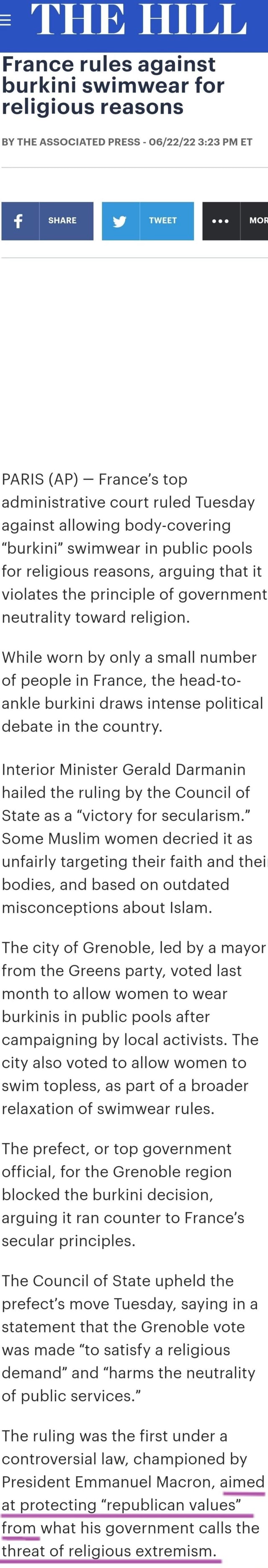 C THE HILL France rules against burkini swimwear for religious