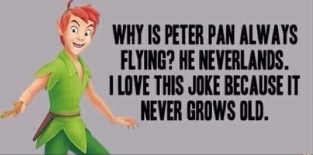 WHY IS PETER PAN ALWAYS FLYING? HE NEVERLANDS. LOVE THIS JOKE BECAUSE