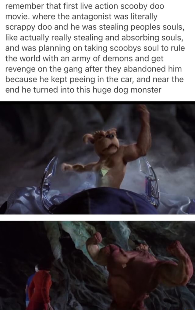 Remember That First Live Action Scooby Doo Movie Where The Antagonist Was Literally Scrappy Doo And He Was Stealing Peoples Souls Like Actually Really Stealing And Absorbing Souls And Was Planning On