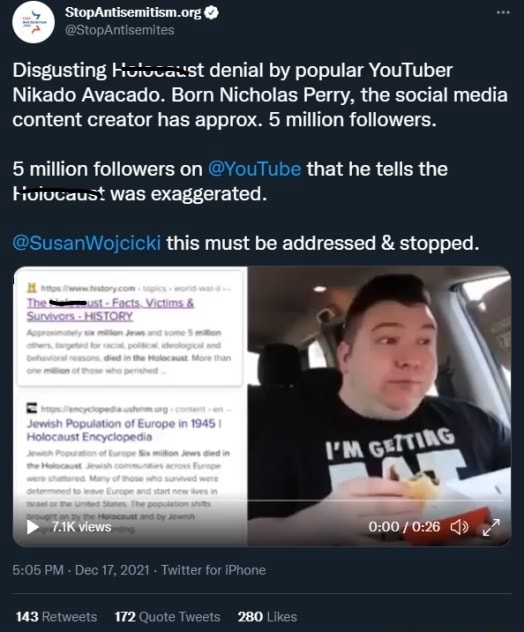 Disgusting Hoiccaust denial by popular YouTuber Nikado Avacado. Born ...