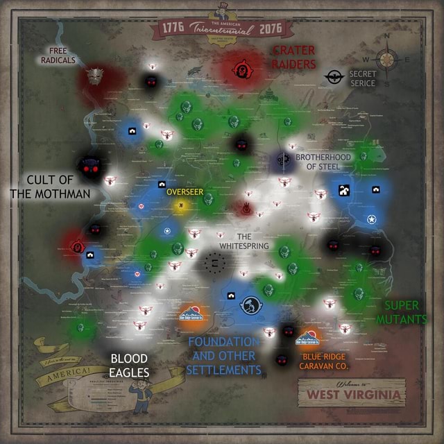 Map Of The Factions In Fallout 76 2076 Secret Serice Of Overseer Cult Of Mothman The