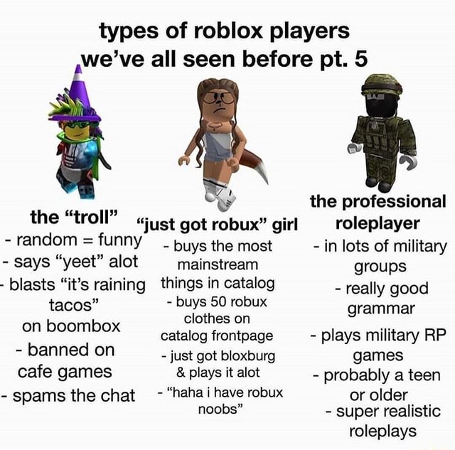 Types Of Roblox Players We Ve All Seen Before Pt 5 The Professional The Troll Just Got Robux Girl Roleplayer Random Funny Puysthe Most In Lots Of Military Says Yeet Alot - roblox military groups