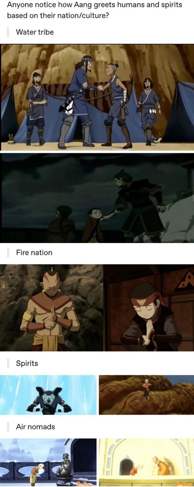 Anyone notice how Aang greets humans and spirits based on their nation ...