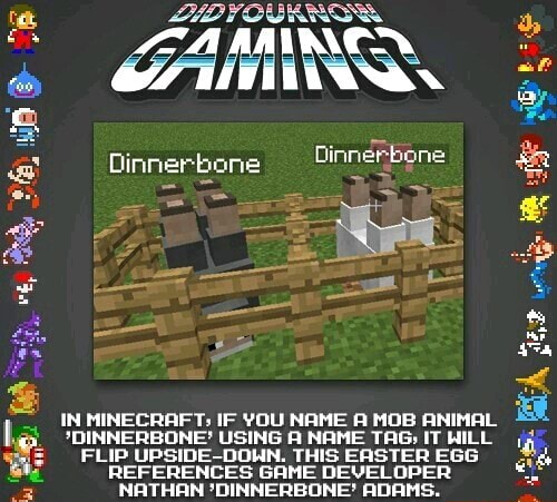 In Minecraft If You Name A Mob Animal Dinnerbone Using A Name It Hill A Flip Upside Down This Easter Egg Ge References Game Developer Nathan Dinnerbone Adams