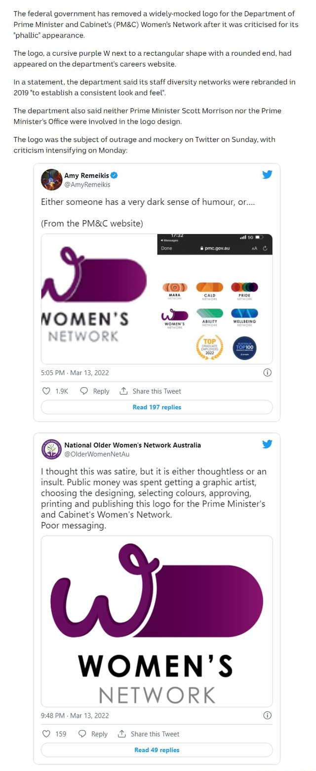 Prime Minister's department takes down 'phallic' Women's Network logo