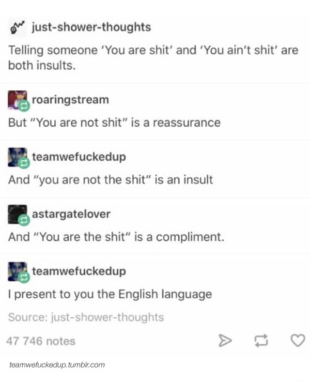 Telling someone 'You are shit' and 'You ain't shit' are both insults ...