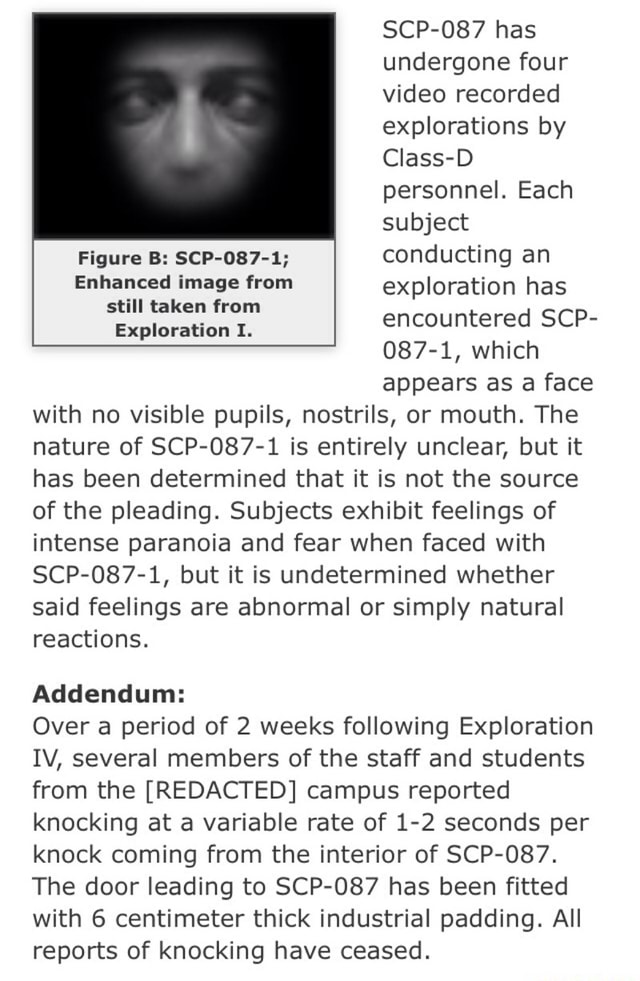 Scp 087 Has Undergone Four Video Recorded Explorations By Ciass D Personnel Each Subject Enhanced Image From Exploration Has Still Taken From Exploration 1 Encountered 087 1 Which Appears As A Face With No Visible