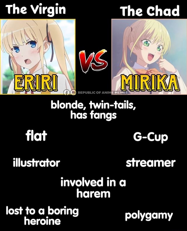 The Virgin The Chad blonde, twin-tails, has fangs flat G-Cup illustrator  streamer involved in a harem lost to a boring heroine polygamy 