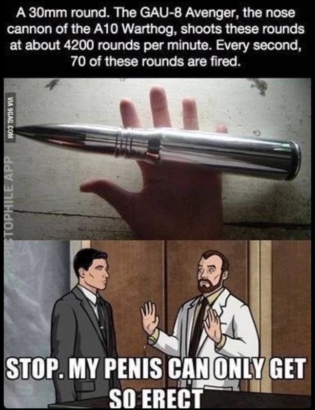 A 30mm Round The Gau 8 Avenger The Nose Cannon Of The A10 Warthog Shoois These Rounds At About 40 Rounds Per Minute Every Second 70 Of These Rounds Are ﬁred