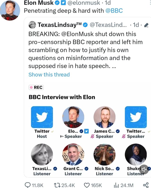 Elon Musk @elonmusk - I Penetrating deep & hard with @BBC ...