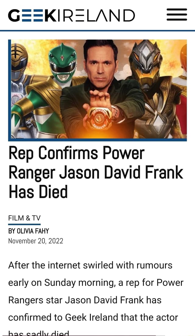 ==KIRELAND As Rep Confirms Power Ranger Jason David Frank Has Died FILM ...
