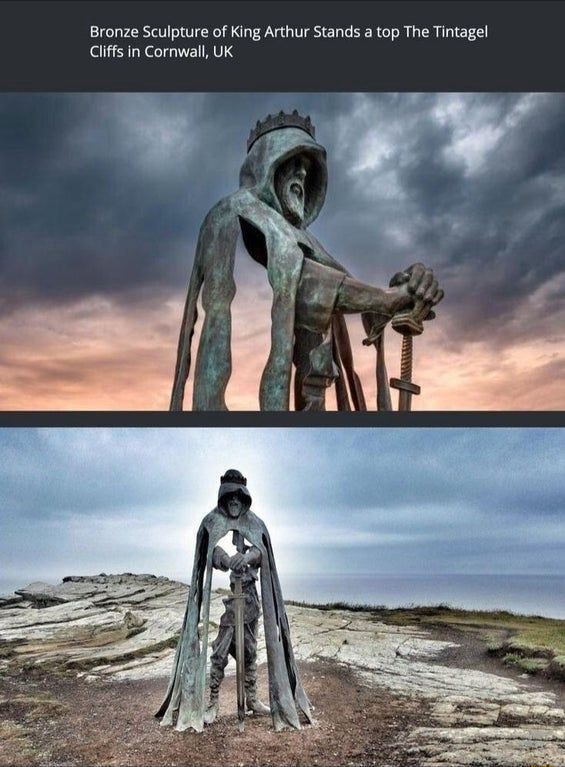 Bronze Sculpture of King Arthur Stands a top The Tintagel Cliffs in