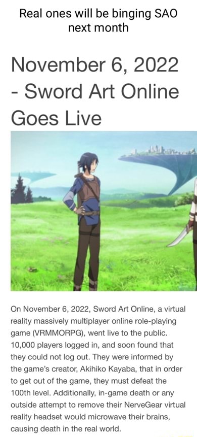 Sword Art Online Celebrates Game's Launch on November 6, 2022 With